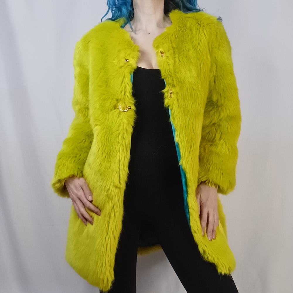 Chartreuse Faux Fur Coat with Teal Satin Lining. - Picture 2 of 8
